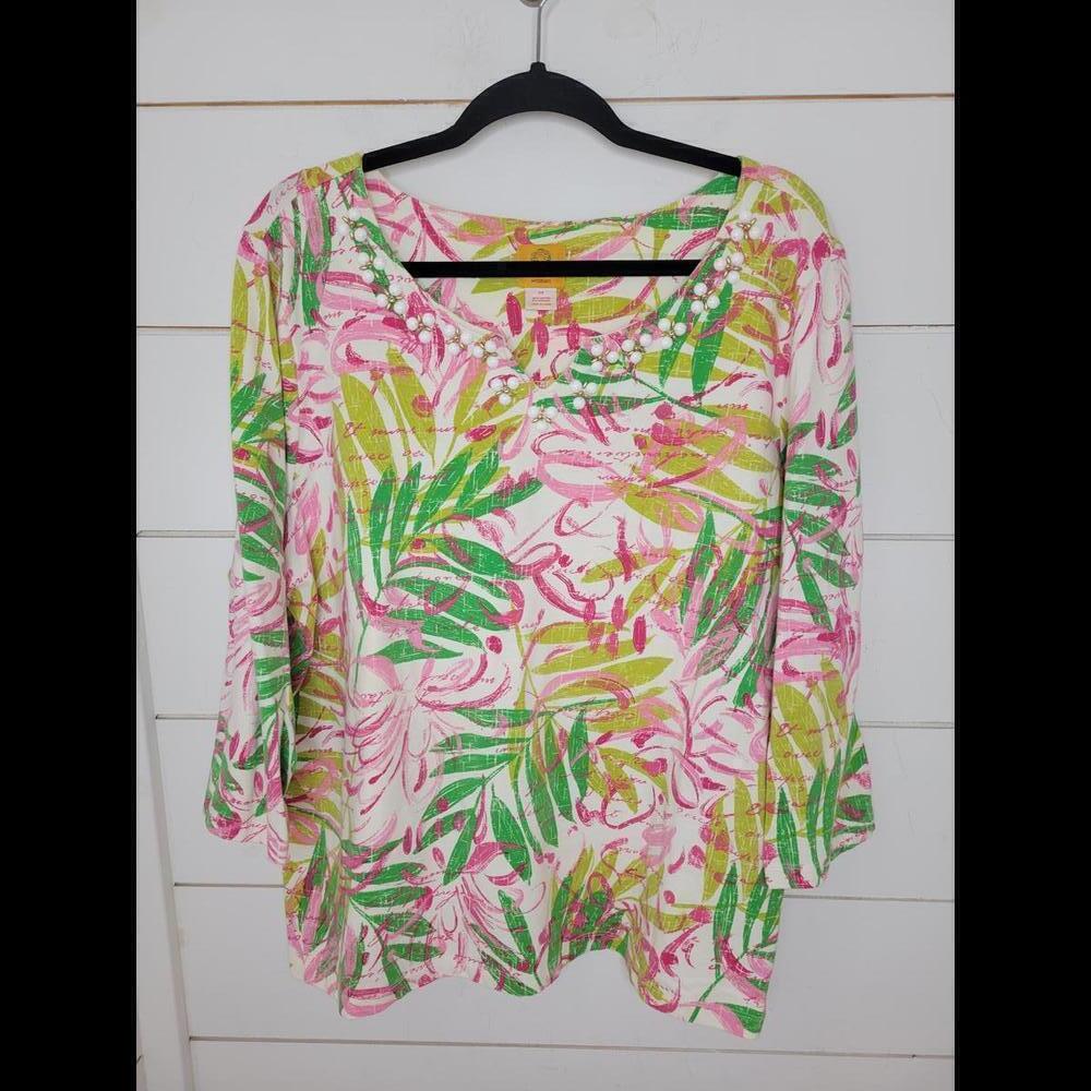Ruby Rd. 2X pink white & green print long sleeve shirt with beading at neckline